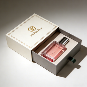 Boîte coulissante en carton personnalisée, beige et gris, impression de logo en feuille d'or, emballage cadeau de luxe pour parfum - Product Image 1