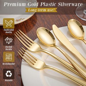Juego de Cubiertos Desechables de Plástico Dorado Resistente de 300 Piezas, Incluye 100 Tenedores, 100 Cucharas y 100 Cuchillos para Fiestas, Baby Shower y Bodas - Product Image 6