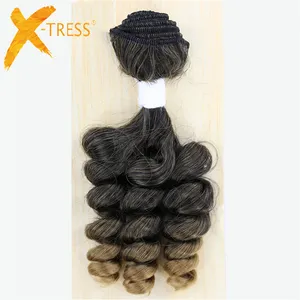 X-TRESS Ombre Brown Color 16-18Inches Funmi Curly Synthetic Hair Weave 4 Bundles Short Heat Resistant Fiber Hair Weft Extension