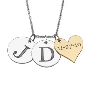 Yiwu Aceon Stainless Steel Double Disc Fashion Shape Heart Gold Silver Tri Mini Charm Stamped Initial and Date Two-tone Pendant