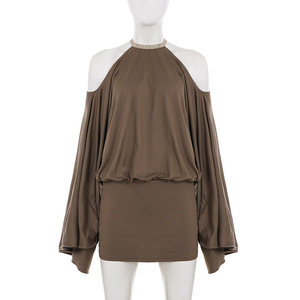 Mini <span class=keywords><strong>Abito</strong></span> Estivo da Donna <span class=keywords><strong>con</strong></span> <span class=keywords><strong>Maniche</strong></span> Lunghe <span class=keywords><strong>a</strong></span> <span class=keywords><strong>Pipistrello</strong></span>, Scollo all'Americana, Ricamo e Schiena Scoperta - Modello Sexy di Tendenza - Product Image 3