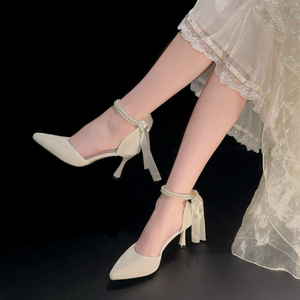 Cheongsam francés tacones altos para mujer nuevo estilo de verano Hada princesa cara de caballo falda sandalias huecas puntiagudas-Plantilla de PU 5cm 8cm - Product Image 6