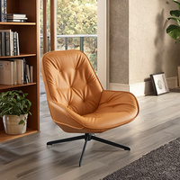 Fauteuil lounge ergonomique pivotant une place de style Mid-Century avec accoudoirs incurvés, revêtement en cuir orange capitonné et base en métal noir mat