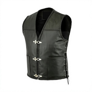 Gilet de motard en cuir véritable respirant pour homme, col en V, couleur unie, avec poches et fermeture latérale à lacets, vêtement d'extérieur d'hiver - Product Image 6