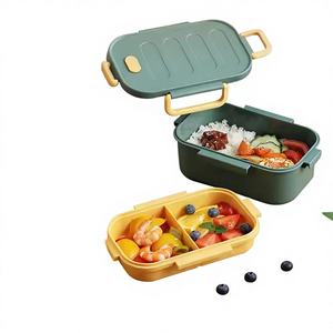 Boîte à lunch portable en silicone à double couche et 3 compartiments, compatible lave-vaisselle, boîte bento, récipient alimentaire micro-ondable, pique-nique, école, enfants - Product Image 1