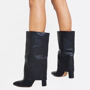 Hot Stone Print Folding Design Women Overlay Mid-Calf <b>Boots</b> Pointed Toe Big Size 43 Shoes Chunky Heel Booties for Ladies - Product Image 4