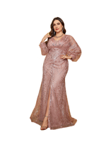 Robe de soirée longue à volants pour femmes grandes tailles, col en V, manches longues lanternes, tissu en dentelle, taille cintrée, fente haute devant