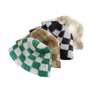 Fashion checked paper woven bucket hats handmade eco-friendly crochet hats daily straw hats