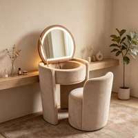 Table de toilette compacte en tissu et bois de pin avec miroir rabattable et rangement, bureau de maquillage peu encombrant pour petite chambre