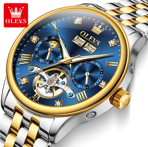 OLEVS 7023 Mechanical Watch for Man Hollowing Out Trend Brand Wristwatch Original Men Watch Waterproof Moon Phase Automatic