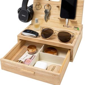 Wooden Storage <b>Rack</b> With Drawer For <b>Glasses</b> Headphones Keys Watches Desktop Organizer Simple Design Rectangle Shape - Product Image 4