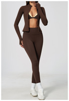 Ensemble de yoga 3 pièces personnalisé avec logo pour femme : veste zippée à manches longues, soutien-gorge de sport et leggings de yoga taille haute – Tenue de sport