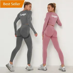 Setelan Legging Olahraga Wanita, Baju Fitness Lengan Panjang Tanpa Kelim Logo Kustom