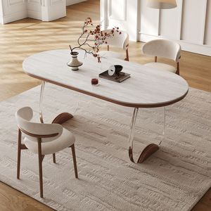 Mesa de Comedor Rectangular de Estilo Moderno y Minimalista con Tapa de Acrílico Travertino y Patas de Madera, Muebles para Sala de Estar - Product Image 2
