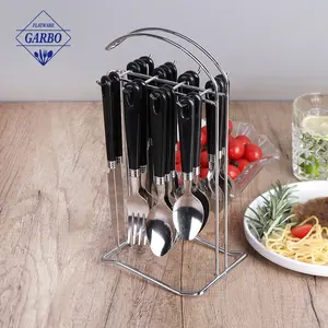 Bulk Competitive Machine Tumble Polish Knife and Fork Set Black Plastic Handle Hanging Cutlery Set 24pcs with Silver Metal Stand