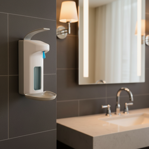 Distributeur mural double de savon et désinfectant pour les mains en mousse plastique blanche moderne avec plateau anti-goutte coloré 500 ml manuel pour salle de bain et école - Product Image 4