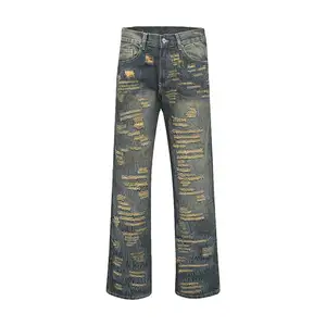 LILUO Denim all over Embroidery Distressed Ripped Stacked Custom Men Designer Jeans fashion Brands For Men