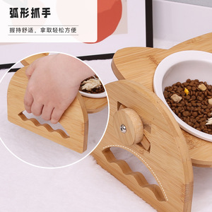 Support de gamelle pour chat en bois massif, élégant, avec deux bols en céramique surélevés pour chatons et petits chiens - Product Image 5