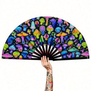 Abanico de mano grande de plástico reactivo a UV de 33 cm, personalizado, con grabado tradicional y estilo musical, ideal para fiestas rave. - Product Image 2
