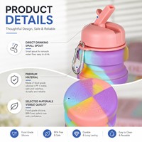 Bouteille d'eau pliable en silicone avec logo personnalisé, portable, anti-fuite, télescopique, pour le sport, gobelet de voyage pliable avec mousqueton