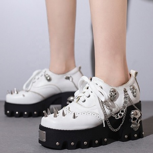 Large Size 46 Style Metal Decor Pumps Fashion Rivets Chunky Heels <b>Shoes</b> Women Lace up Chain Causal Booties - Product Image 2