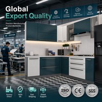 Armário de Cozinha Moderno de Luxo em Aço Inoxidável Azul-Petróleo e Branco, Modular Personalizado em L, Acabamento Fosco Bicolor com Pia e Bancada de Mármore