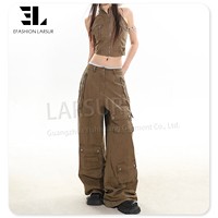 LARSUR Custom Factory Y2K Distress Wide Leg Baggy Cargo Jeans et Veste sans manches Denim Set Two Piece Jeans Set for Ladies
