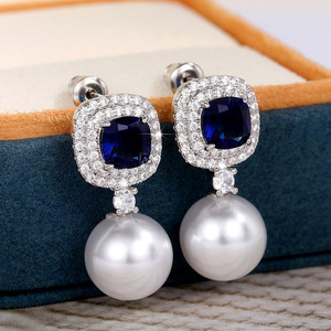 Pendientes de circonita azul con aspecto de perla para mujer, joyería elegante para las orejas - Product Image 1