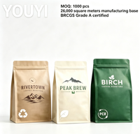 Sacs à café personnalisés en papier kraft de qualité alimentaire, scellés sur 8 côtés, résistants à l'humidité, recyclables, à fond plat avec fermeture éclair, 250g 500g