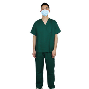 Combinaison de médecin en pur coton vert foncé à manches courtes, ensemble deux pièces, uniforme d'hôpital pour hommes, tissu tissé 100% coton - Product Image 1