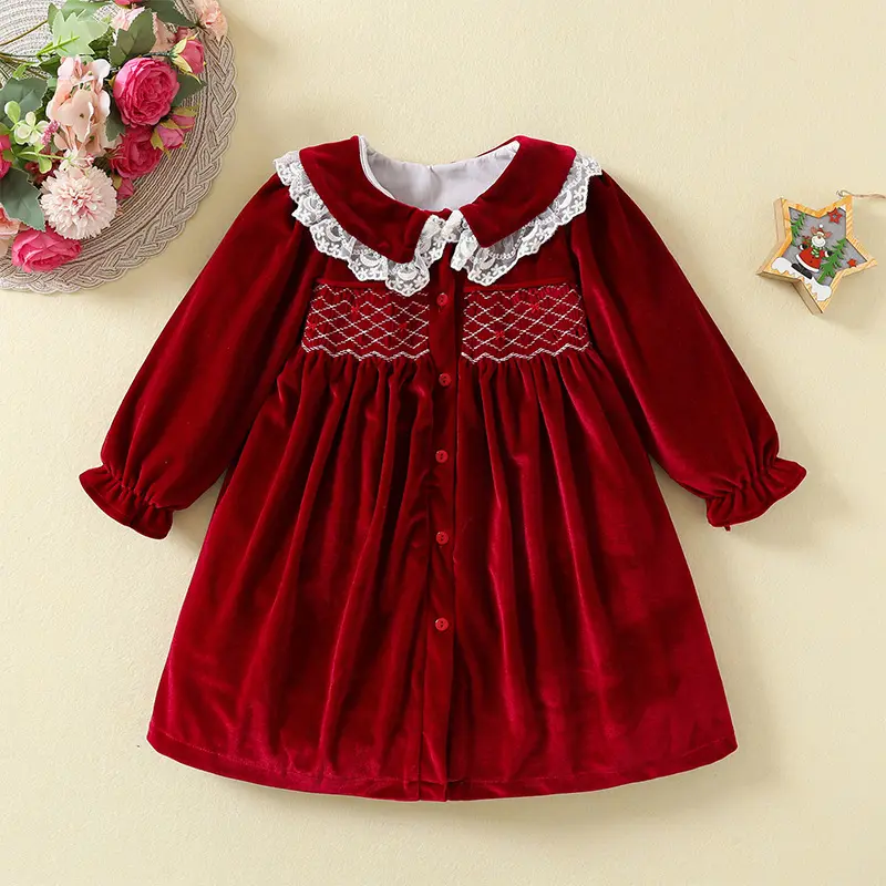 Vestido de Boutique para niños Fiesta de invierno Terciopelo rojo Niñas Vestido ahumado Bebé Vestido de Navidad