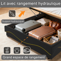 Cadre de lit rembourré moderne avec éclairage LED RGB, rangement hydraulique sous le lit, étagère de tête de lit avec port de charge et télécommande
