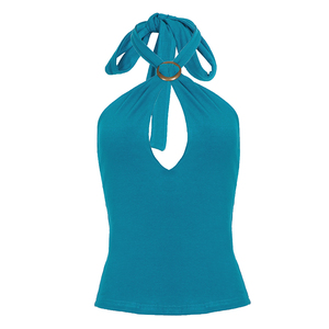 Haut en tricot élégant et respirant à col halter ajouré, sexy, couleur unie, sans manches, en viscose/polyester 220g, imprimé numériquement, pour femme - Product Image 6