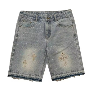 Custom 2025 Summer Oversized Acid Wash Diamond Crystal Denim <strong>Shorts</strong> Jeans Streetwear Rhinestone Baggy Jorts Men - Product Image 2
