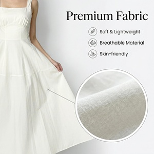 שמלת מקסי נשית, 100% כותנה, ללא כתפיות, בגזרה A, עם קשירה במותן, צווארון U, גזרה רחבה, מבד ארוג, מתאימה לכל עונות השנה, ללבוש יומיומי - Product Image 4