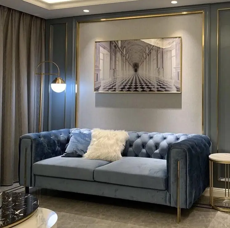 家具リビングルーム高級イタリアブルーベルベットチェスターフィールド現代的な断面リビングルームホームソファデザインモダン