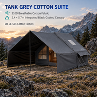Tente gonflable moderne grise avec auvent étendu de 5,7 m, tente de glamping respirante en coton 210D, tente pneumatique imperméable pour complexe hôtelier