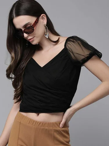 Direct Factory Prices Girls Fancy <b>Crop</b> <b>Top</b> with Plain Pattern Puff Sleeve and Round Neck <b>Crop</b> <b>Top</b> For Sale - Product Image 2