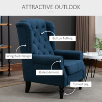 Fauteuil d'appoint moderne en tissu écologique capitonné avec dossier haut, accoudoirs arrondis rembourrés et assise épaisse bleue