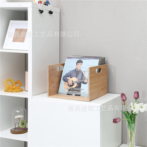 Wooden <b>Record</b> Storage Box Rectangle Natural Wood Color With Handle Visible View For Magazine And Newspaper Storage - Product Image 3