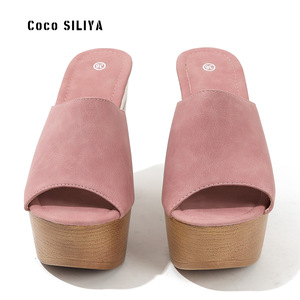 Coco SILIYA Women Summer Wedges Sandals <b>Open</b> <b>Toe</b> <b>Platform</b> Faux Suede Wood <b>Heel</b> Slip on Height Increasing Size 36 - Product Image 1