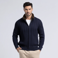 Cardigan côtelé bleu marine pour homme, col rond, col en fausse fourrure, double fermeture éclair, grande taille, laine/coton épais anti-boulochage