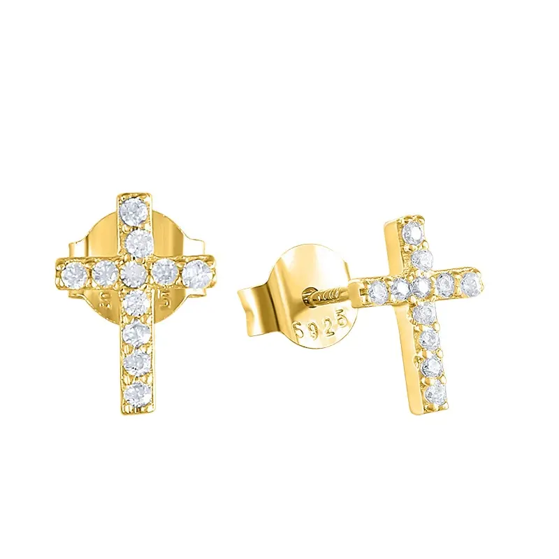 2022 NEW 925 Sterling Silver Minimalist cross shape with cz diamond cross stud earrings for women