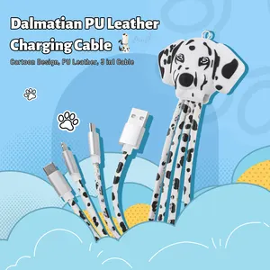 سلسلة مفاتيح على شكل حيوانات كرتون دلماطي 3 في 1 سلك طاقة كابل USB كلب مُكتشف جلد PU سلك شحن متعدد 3 في 1
