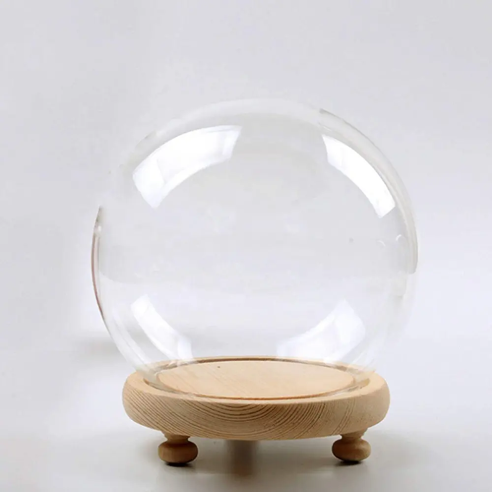 Transporte seguro al por mayor personalizado transparente pantalla de mesa Orqihod de vidrio redondo Cloche bola de cúpula con Base de madera