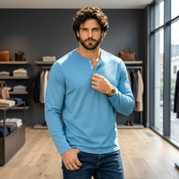 Kaos Henley Pria Lengan Panjang Biru Muda Kerah V Regular Fit Rajutan Katun Kasual Warna Solid Bernapas Ramah Lingkungan