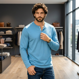 <b>Men's</b> Light Blue <b>Long</b> <b>Sleeve</b> V-Neck <b>Henley</b> Shirt Regular Fit Knitted Cotton Casual Solid Color Breathable Eco-Friendly Front - Product Image 5