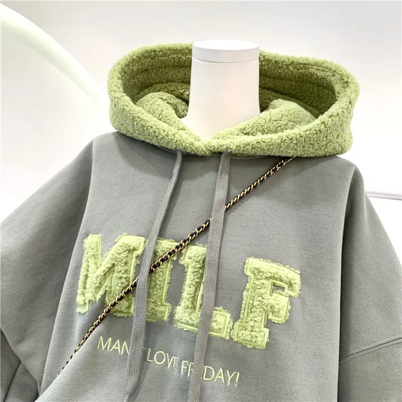 Hot women's chenille embroidery long sleeve Velvet Fleece casual pullover sweatshirt oversize hoodies