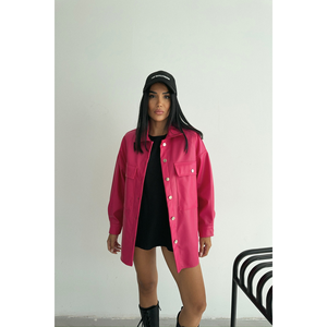 Camisa de Cuero con Botones Color Fucsia para Mujer, Talla XL, Corte Holgado, Logotipo Bordado, Lentejuelas, Diseño a Cuadros o Liso, para Oficina, Otoño - Product Image 3