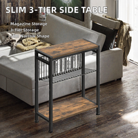 Table d'appoint étroite à 3 niveaux pour petits espaces, porte-revues, table de chevet, table de canapé pour collations (marron rustique noir) avec structure métallique et plateau en bois